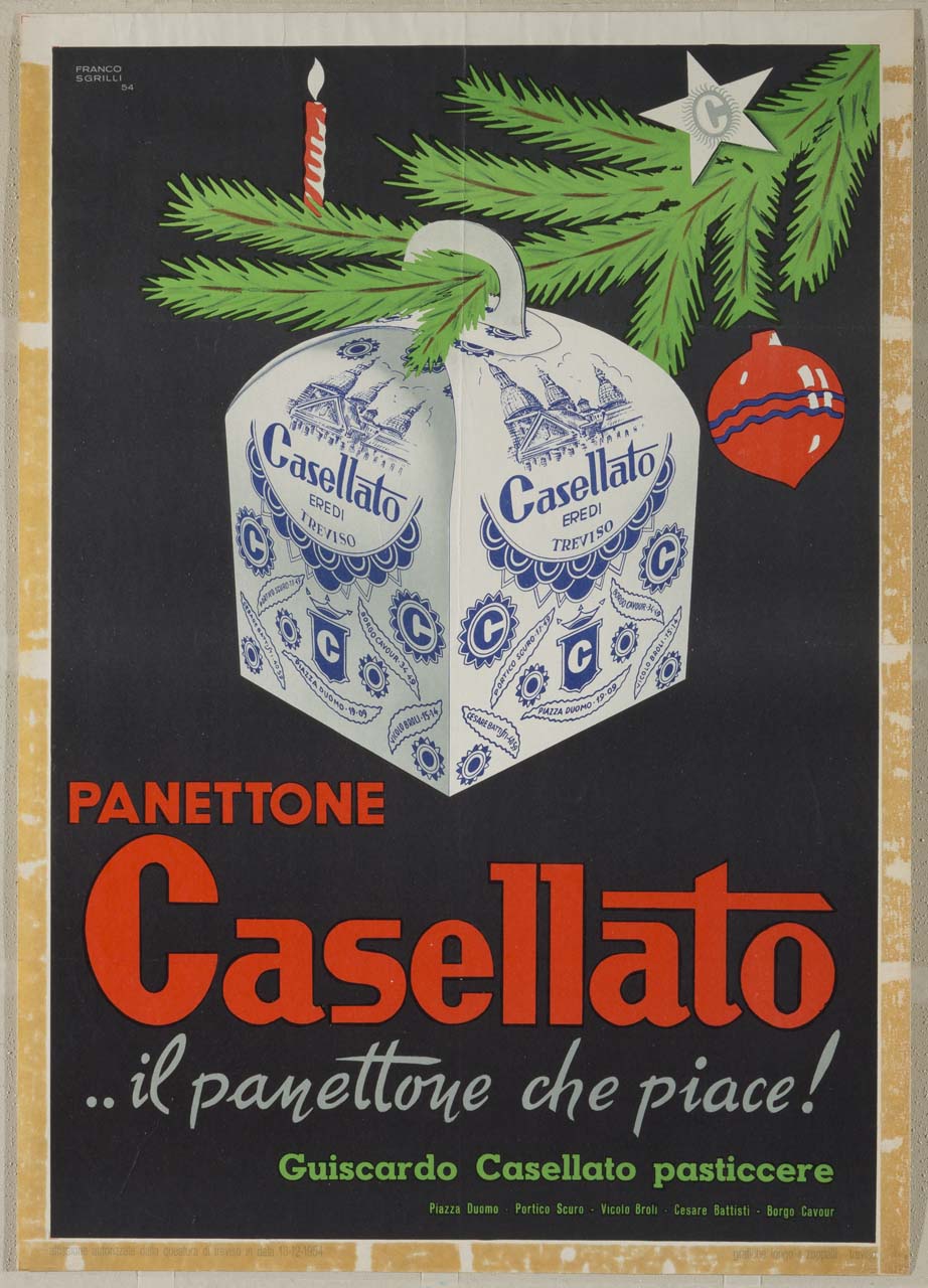 scatola di panettone con ramo di pino e addobbi natalizi (manifesto) di Sgrilli Franco (sec. XX)