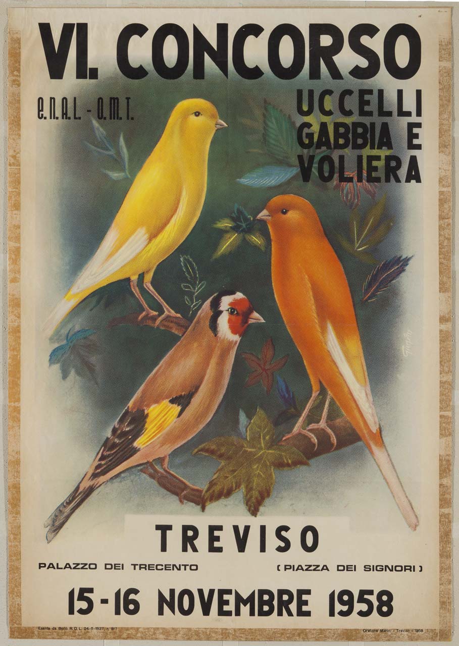 due canarini e un cardellino posati su rami con foglie (manifesto) di Pin Giuseppe detto Giupin (sec. XX)