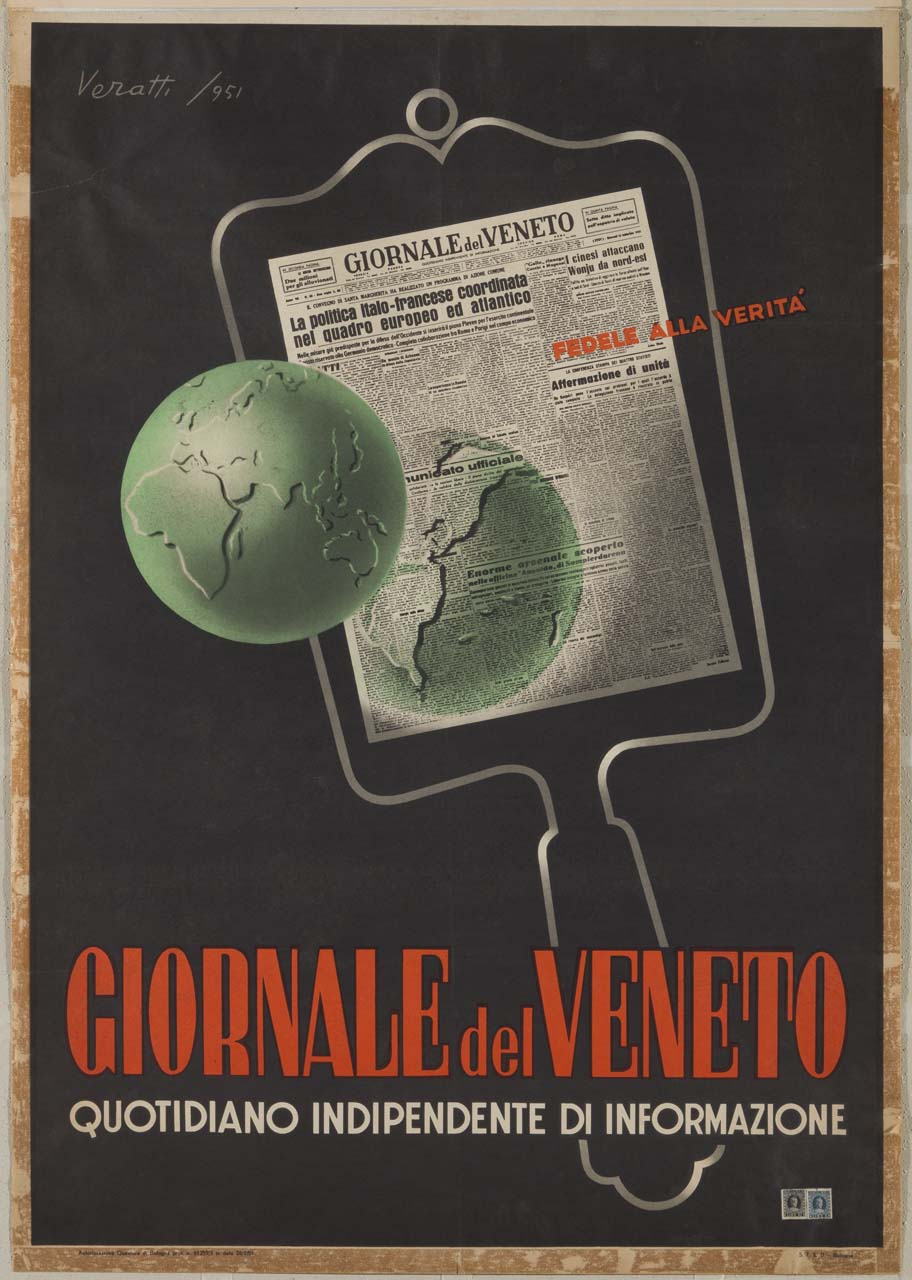globo terrestre si specchia su un quotidiano (manifesto) di Veratti (sec. XX)