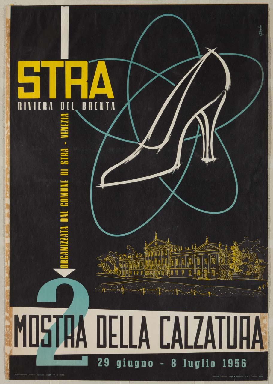calzatura da donna sullo sfondo di Villa Pisani a Stra (manifesto) di Pin Giuseppe detto Giupin (sec. XX)
