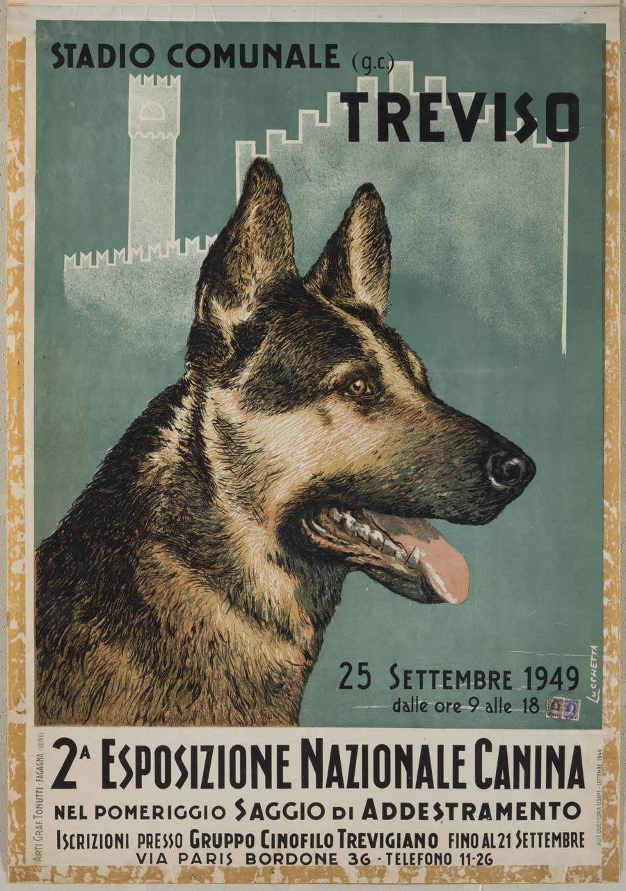 cane con orecchie alzate e bocca aperta (manifesto) di Lucchetta Giuseppe (sec. XX)