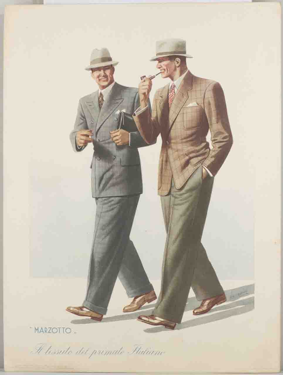 due uomini in abito elegante alla moda camminano conversando tra loro (locandina) di Boccasile Gino (sec. XX)
