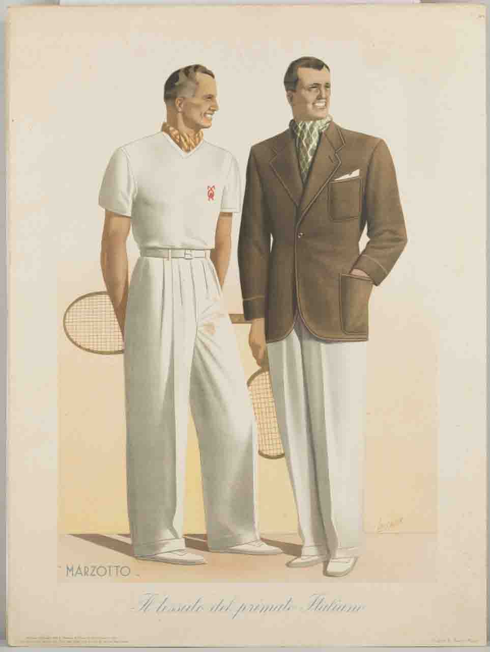 due uomini sorridenti in abito sportivo alla moda tengono in mano una racchetta da tennis (locandina) di Boccasile Gino (sec. XX)