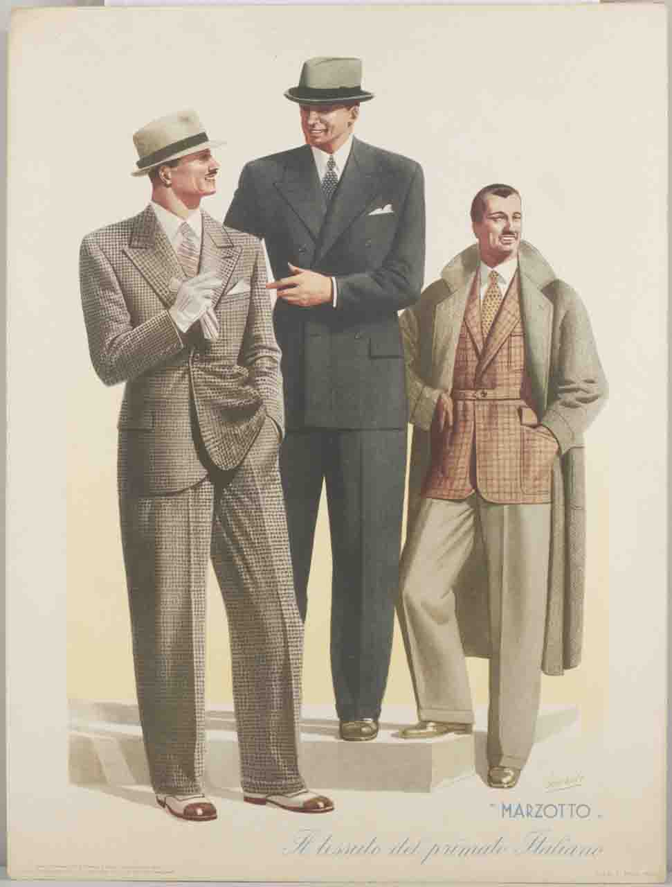 tre uomini in abito elegante alla moda conversano e sorridono (locandina) di Boccasile Gino (sec. XX)