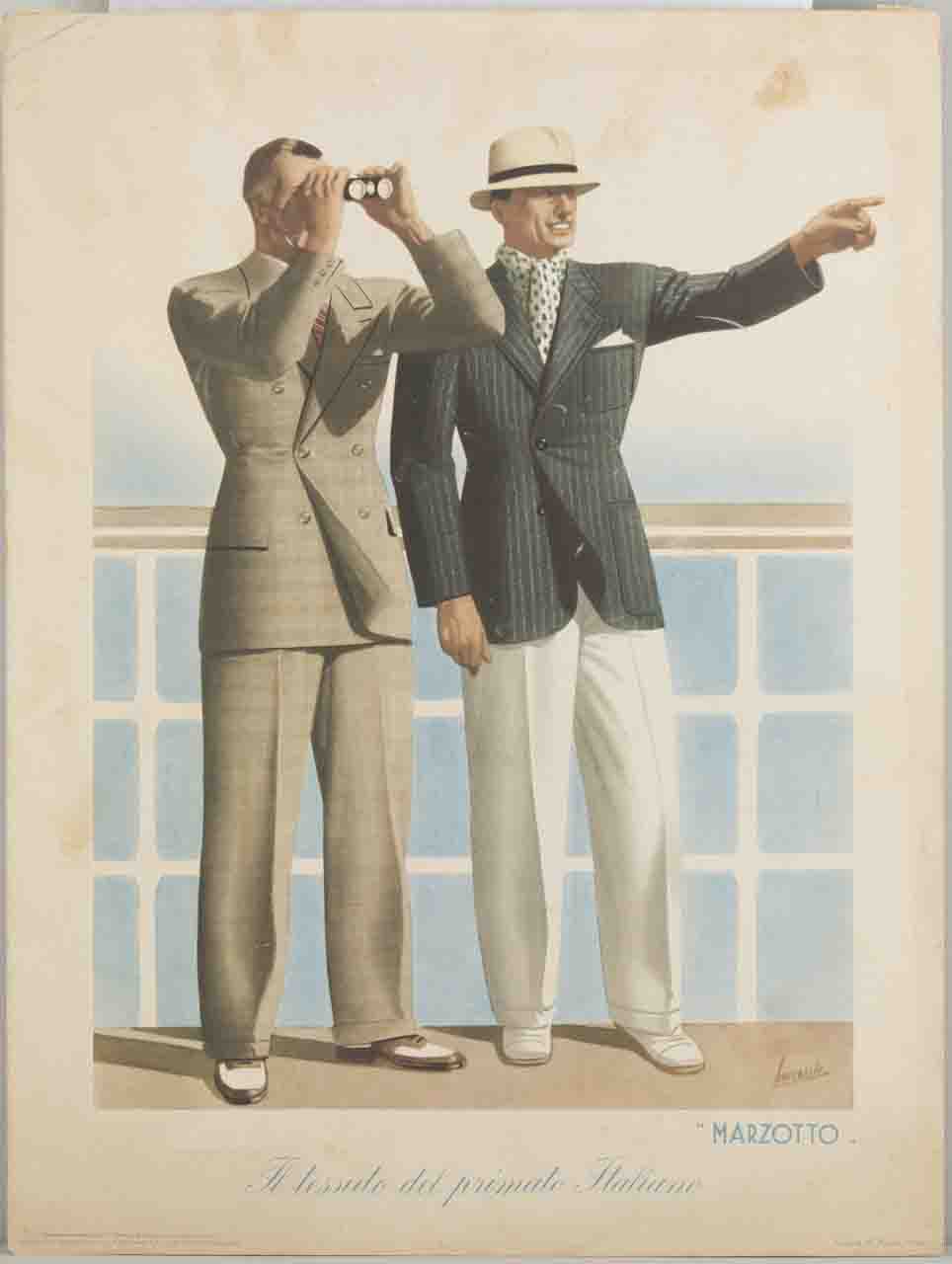 due uomini abito elegante alla moda guardano in lontananza con l’ausilio di un binocolo (locandina) di Boccasile Gino (sec. XX)