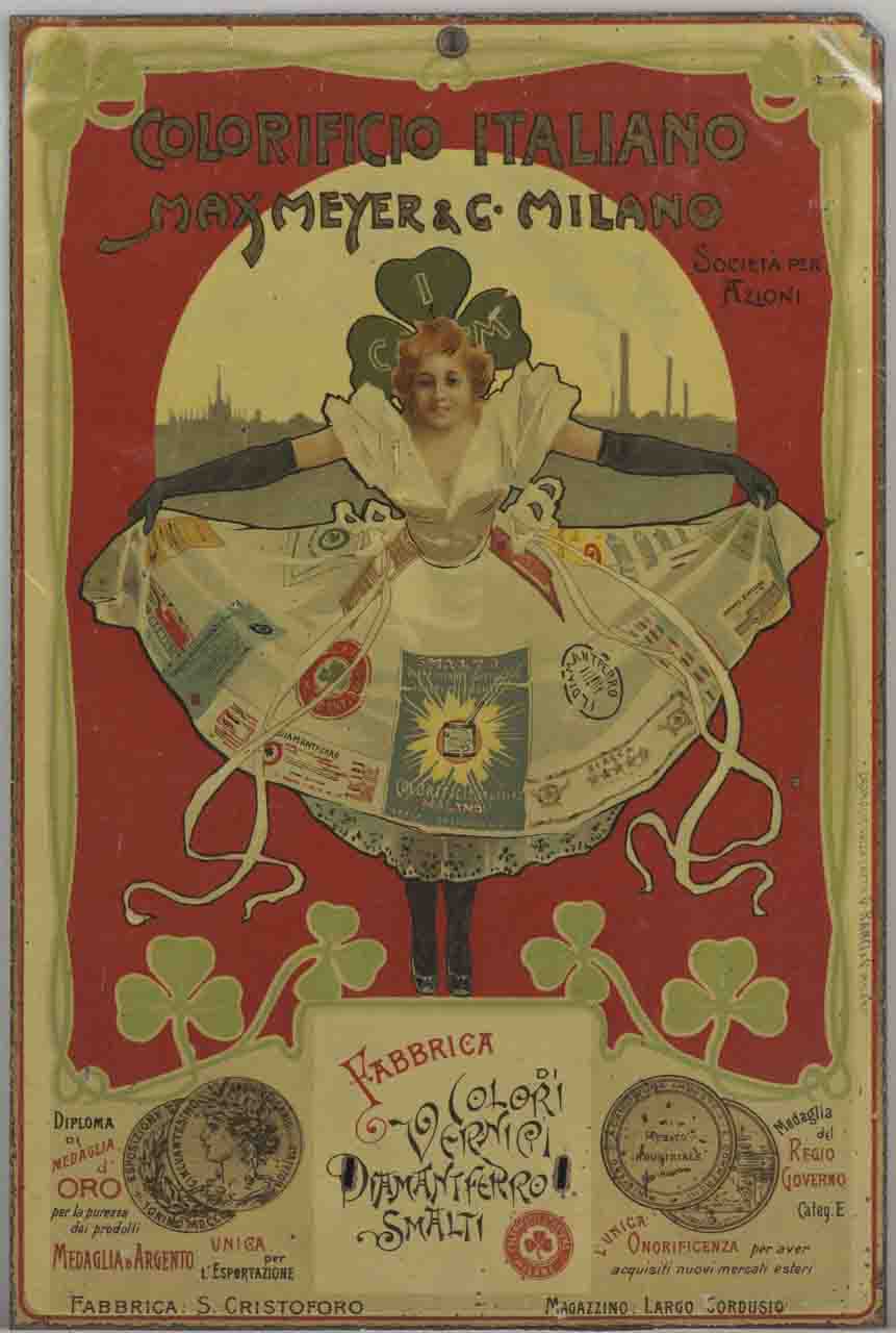 giovane donna apre il proprio grembiule per mostrarne le decorazioni (tabella) - ambito italiano (prima metà sec. XX)