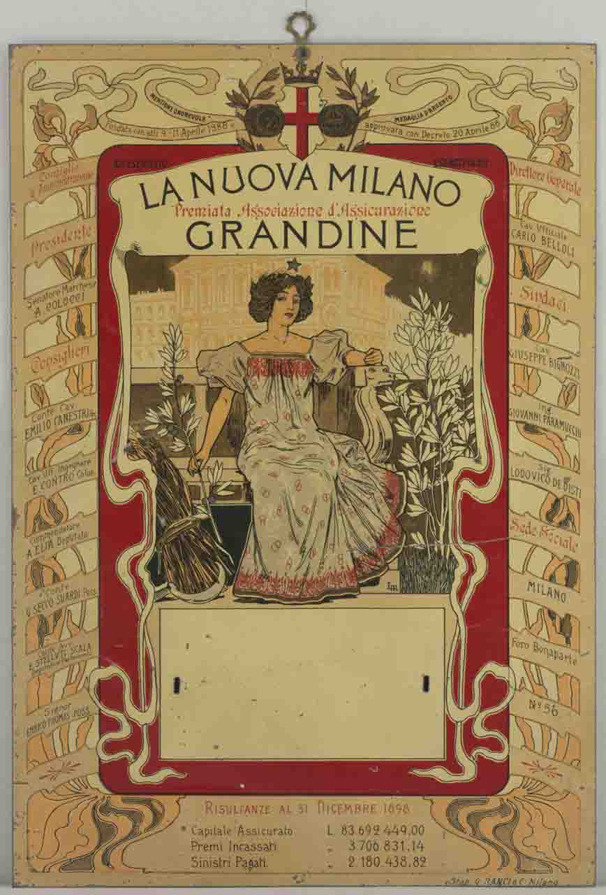 donna seduta su una panca tra rami di alloro e un fascio di grano con veduta del palazzo sede della Nuova Milano sullo sfondo (tabella) di Metlicovitz Leopoldo (fine/ inizio sec. XIX/XX)