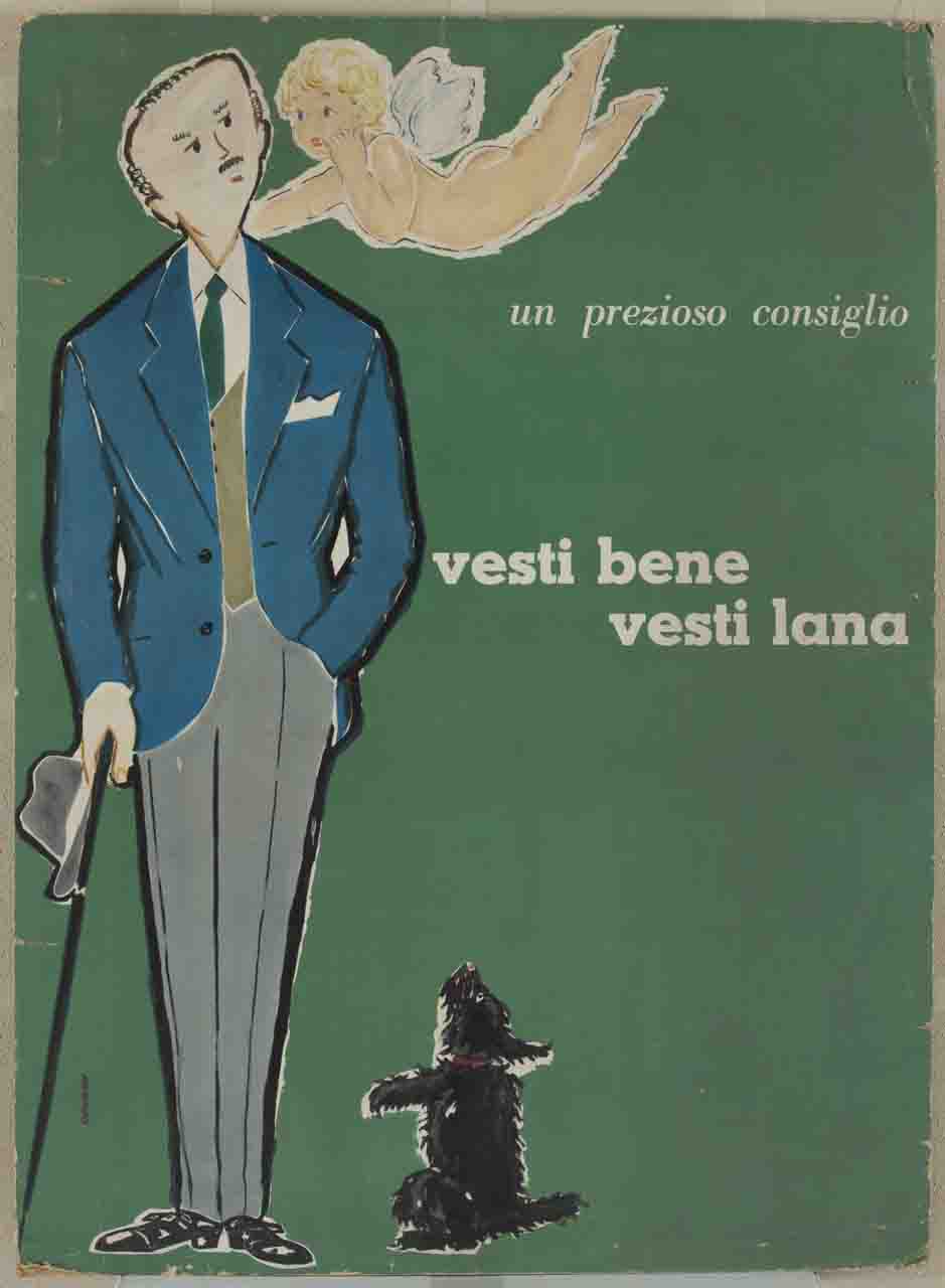 uomo ascolta il consiglio di un angelo e un cagnolino gli fa le feste (manifesto) - ambito italiano (terzo quarto sec. XX)