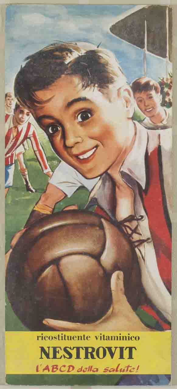 bambino sorride stringendo in mano un pallone (manifesto) - ambito italiano (sec. XX)