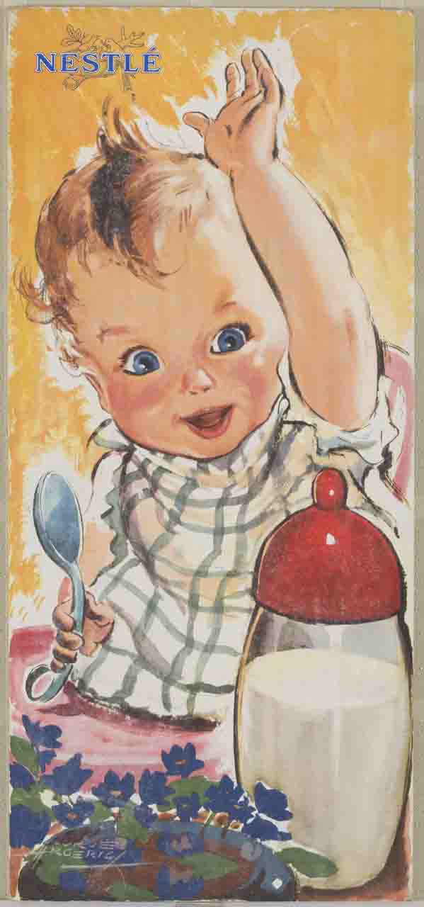 bambino con biberon e cucchiaino (manifesto) di Argerich Jorge (seconda metà sec. XX)