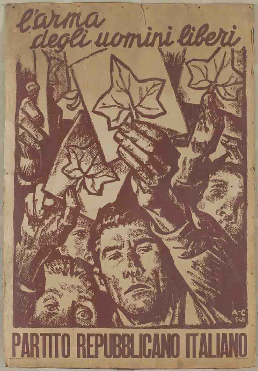 uomini mostrano tessere con il simbolo dell'edera (manifesto) - ambito italiano (sec. XX)
