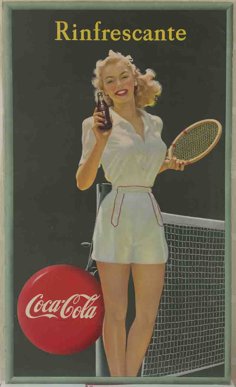 donna in tenuta da tennis esibisce una bottiglietta di Coca Cola (manifesto) - ambito italiano (sec. XX)