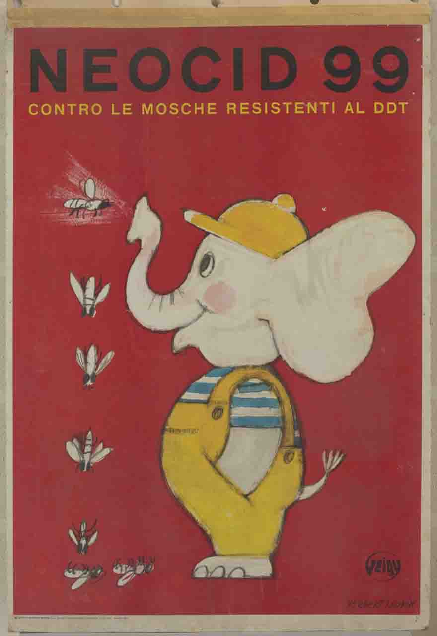 elefante soffia insetticida dalla proboscide eliminando una serie di mosche (manifesto) di Herbert Leupin (sec. XX)