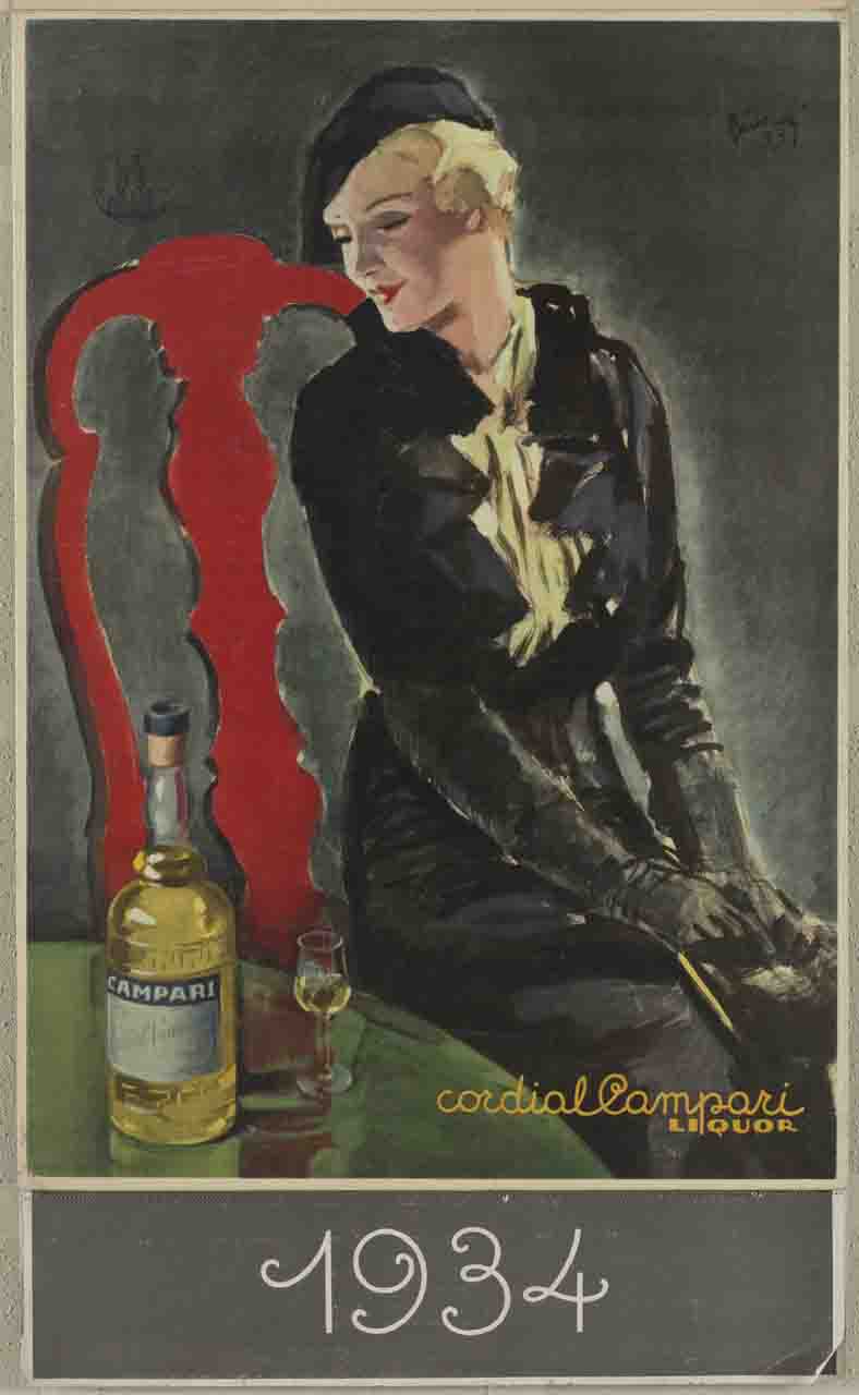 donna seduta a un tavolino guarda sorridendo una bottiglia di cordiale (calendario) di Bianchi Virginio detto Vubi (sec. XX)
