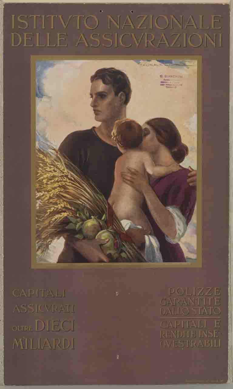uomo che abbraccia una donna che tiene un bambino in braccio (calendario) di Corbella Tito (prima metà sec. XX)