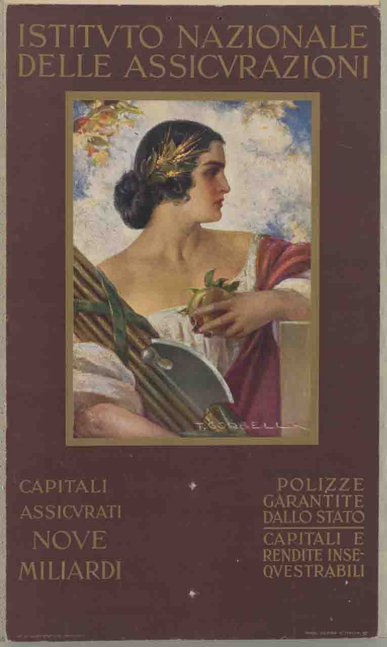 donna di profilo con un fascio littorio in braccio tiene in mano una melagrana (calendario) di Corbella Tito (prima metà sec. XX)
