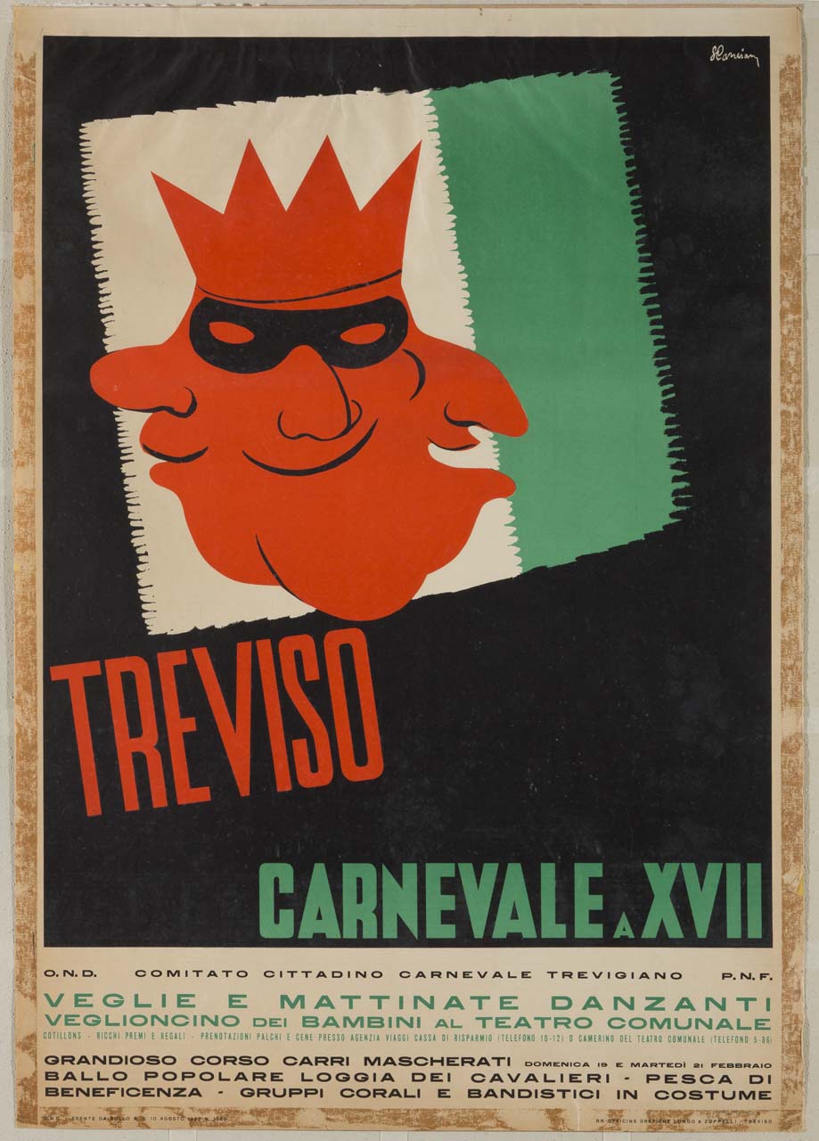 bandiera bianca e verde con una maschera a tre visi di colore rosso (manifesto) di Cancian Sante (sec. XX)