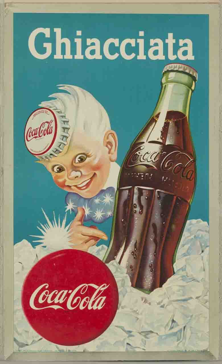 bambino con un tappo da bottiglia sul capo indica entusiasta una bottiglia di Coca Cola ghiacciata (manifesto) - ambito italiano (sec. XX)