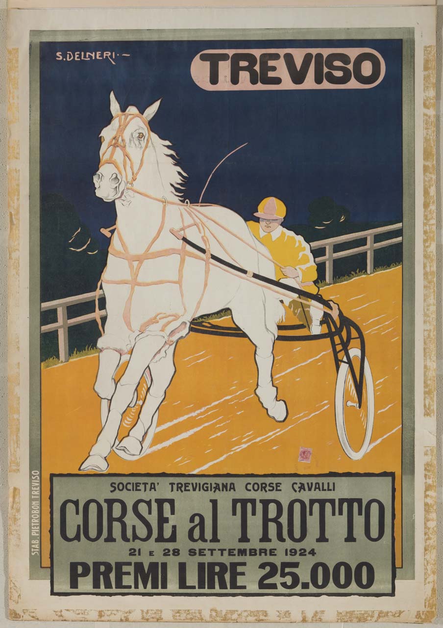 cavallo corre al trotto condotto dal driver seduto sul sulky (manifesto) di Delneri Silvio (sec. XX)