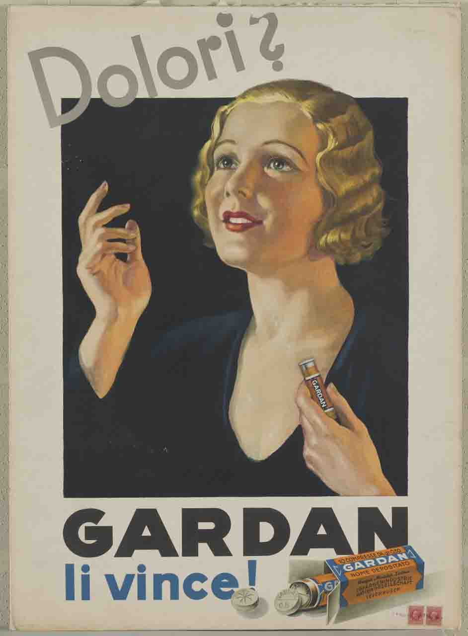 donna con un flacone di Gardan in mano (manifesto) - ambito italiano (sec. XX)