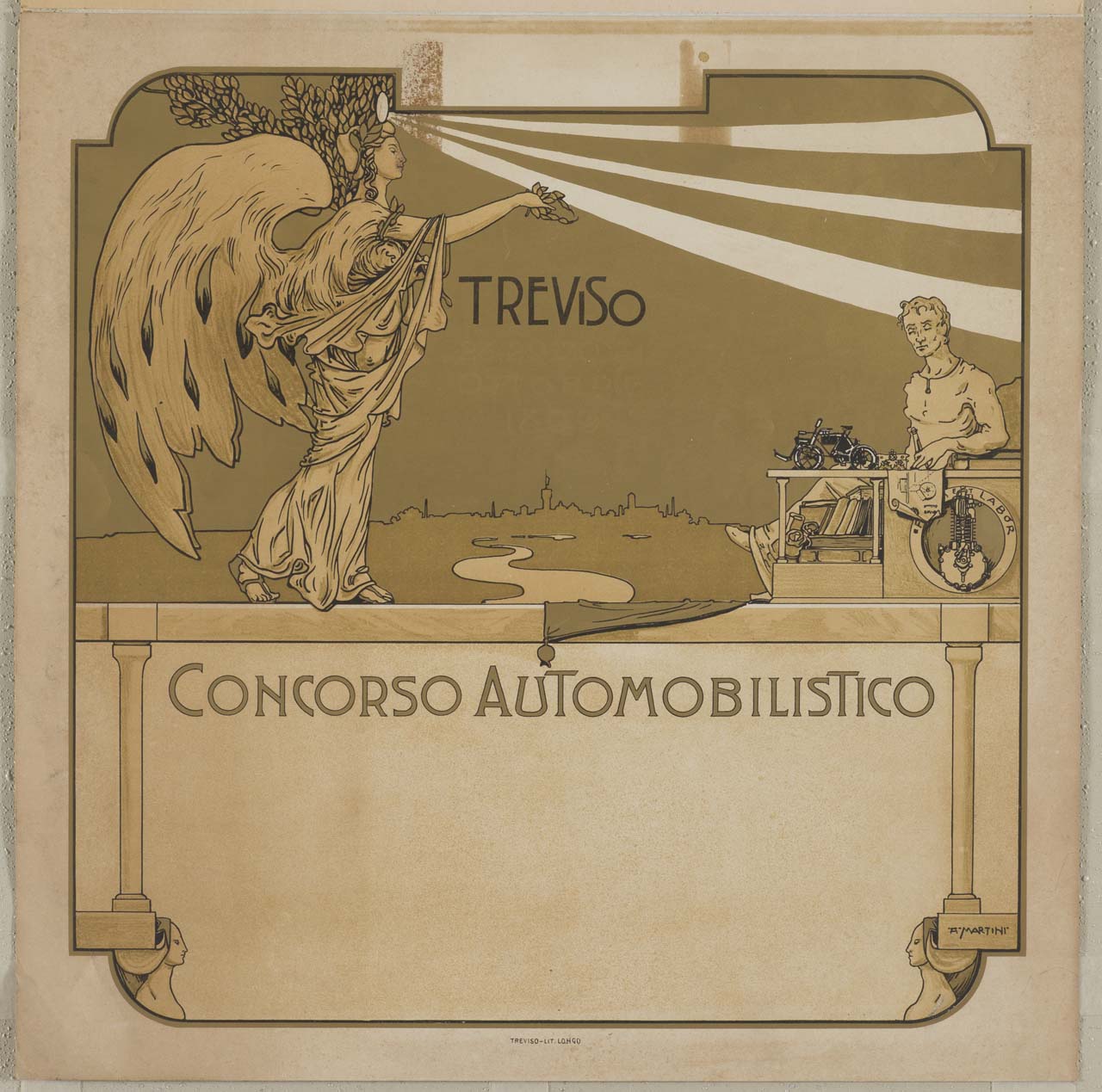 Vittoria alata porge la corona di alloro ad un progettista meccanico (manifesto) di Martini Alberto Giacomo Spiridione (sec. XX)
