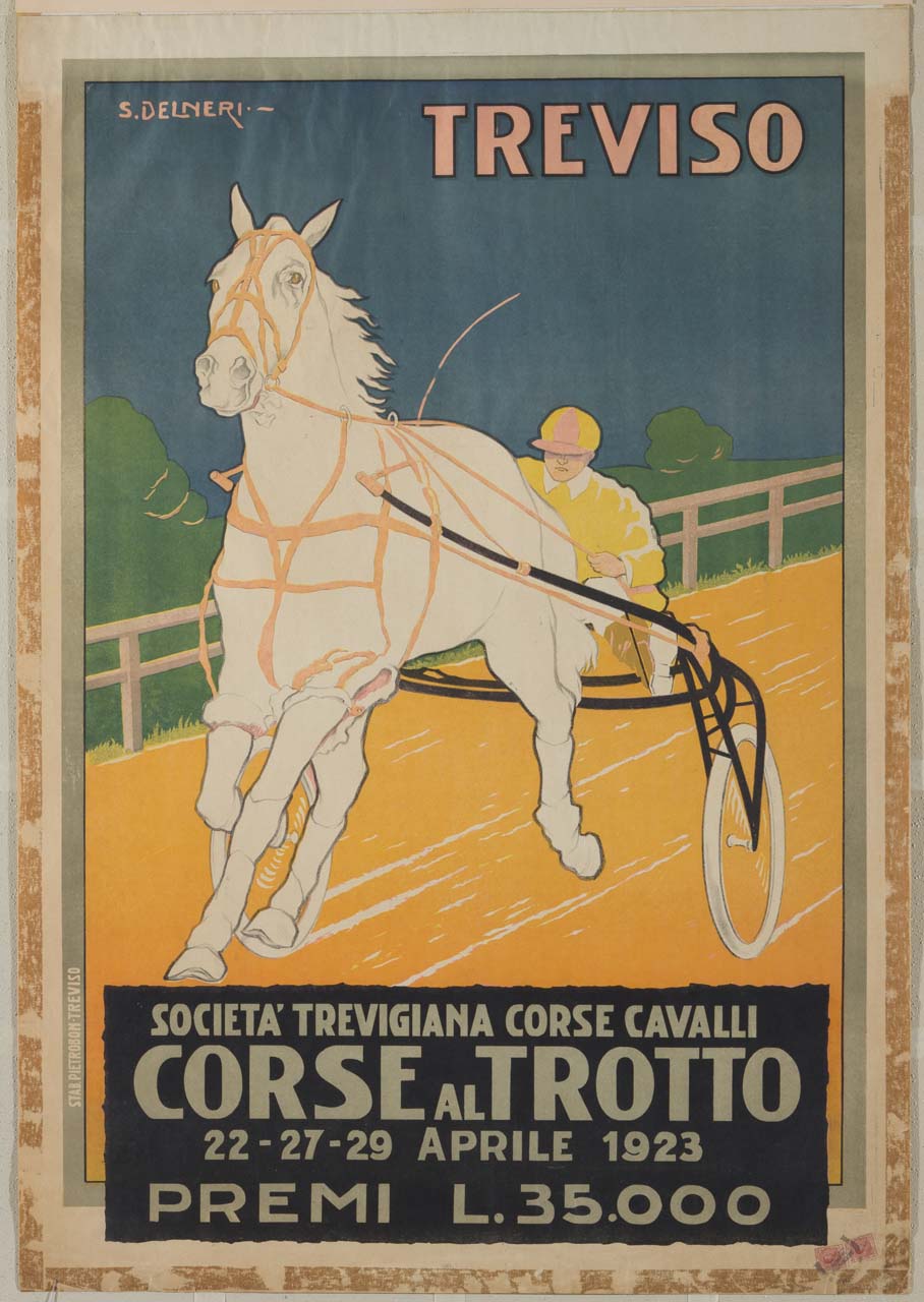 cavallo corre al trotto condotto dal driver seduto sul sulky (manifesto) di Delneri Silvio (sec. XX)