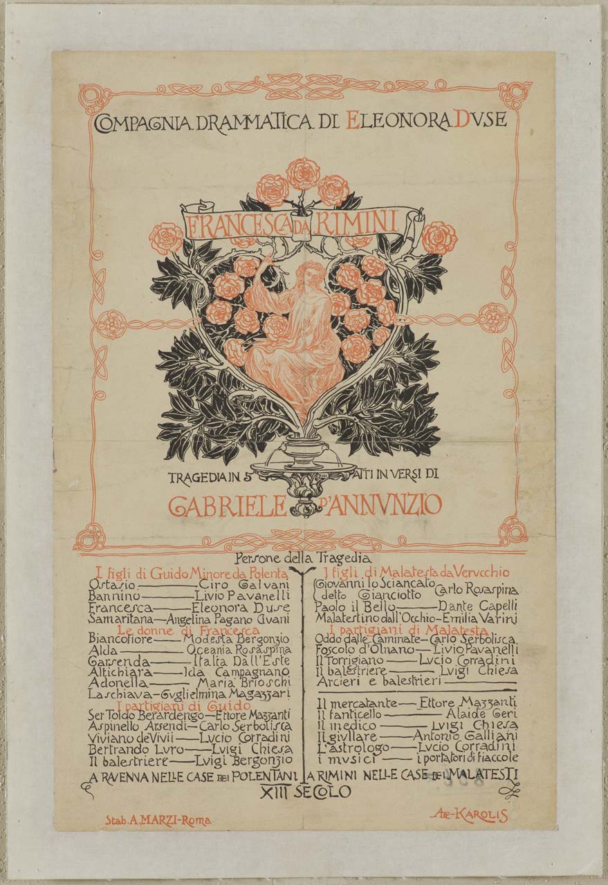 cornice a motivi floreali, fontana con rose racchiudenti una figura femminile (manifesto) di De Carolis Adolfo (sec. XX)