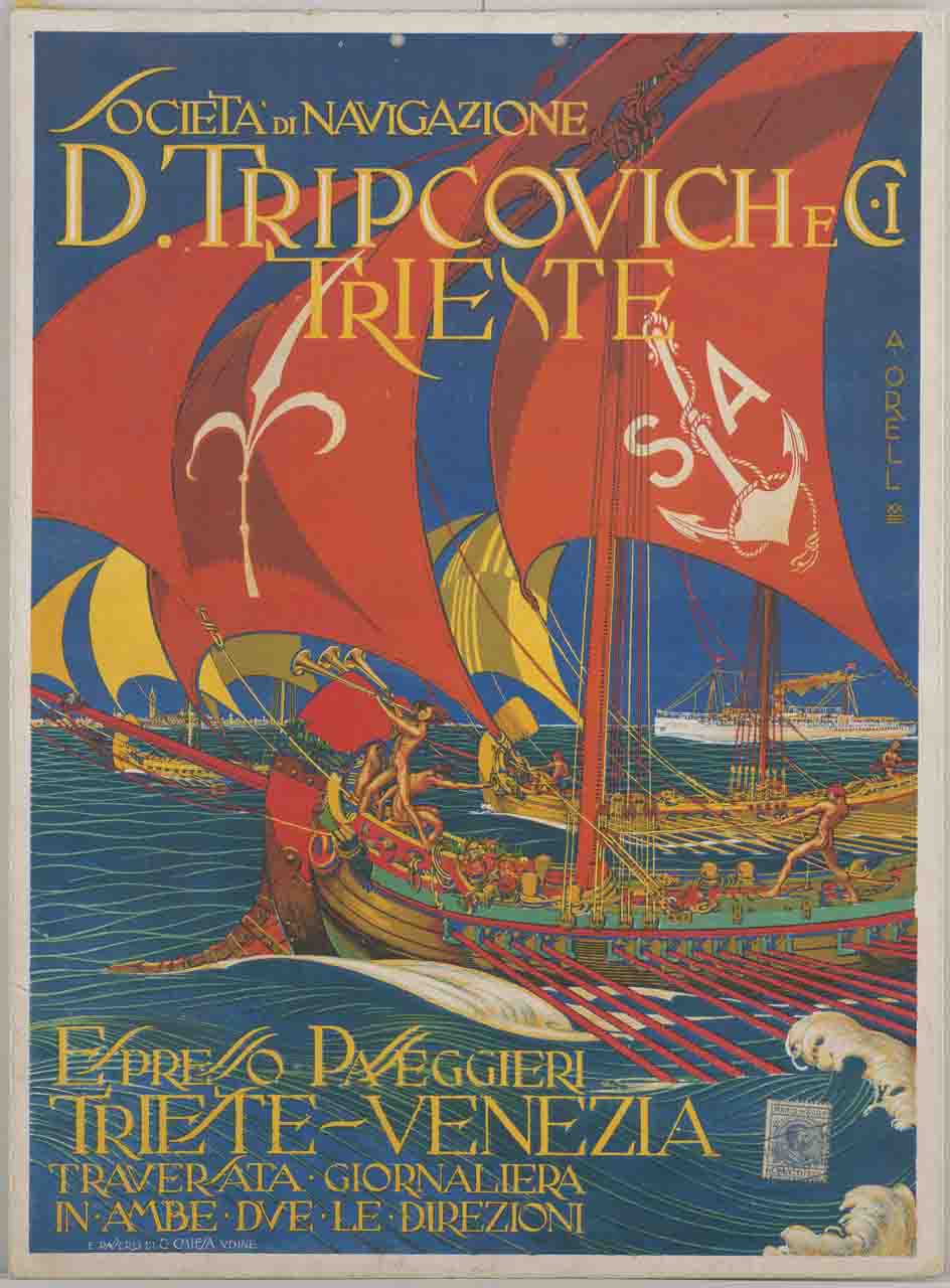 tre galee condotte da figure maschili nude scortano la nave Venezia attraverso la laguna di Venezia (locandina) di Orell Argio (sec. XX)