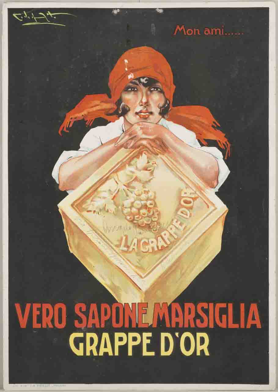 ritratto di donna a mezzobusto con foulard rosso in testa appoggiata a un sapone Grappe d'or (locandina) di Codognato Plinio (sec. XX)