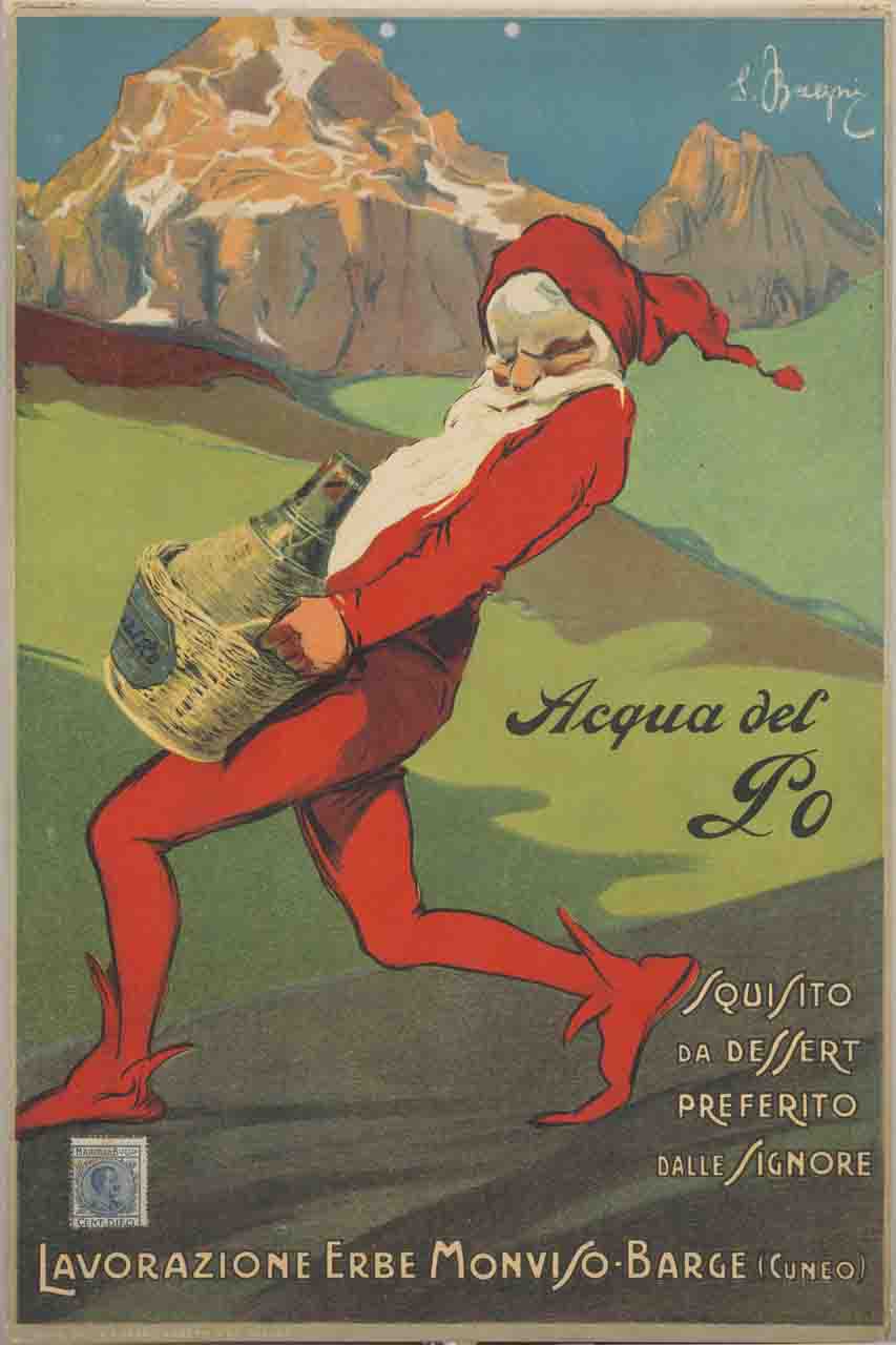 folletto vestito di rosso trasporta una damigiana sullo sfondo di un paesaggio montano (locandina) di Bagni Silvio (sec. XX)