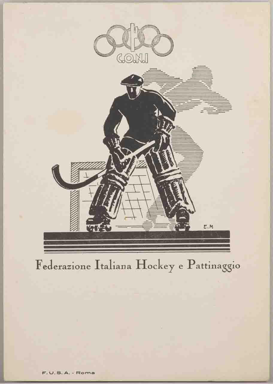 giocatore di hockey davanti a una porta e alla sagoma di un pattinatore a rotelle (locandina) - ambito italiano (sec. XX)