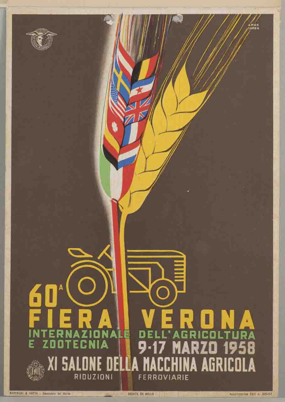due spighe di grano, una delle quali con chicchi decorati da bandiere internazionali (locandina) di Tomba Ernesto Amos (sec. XX)