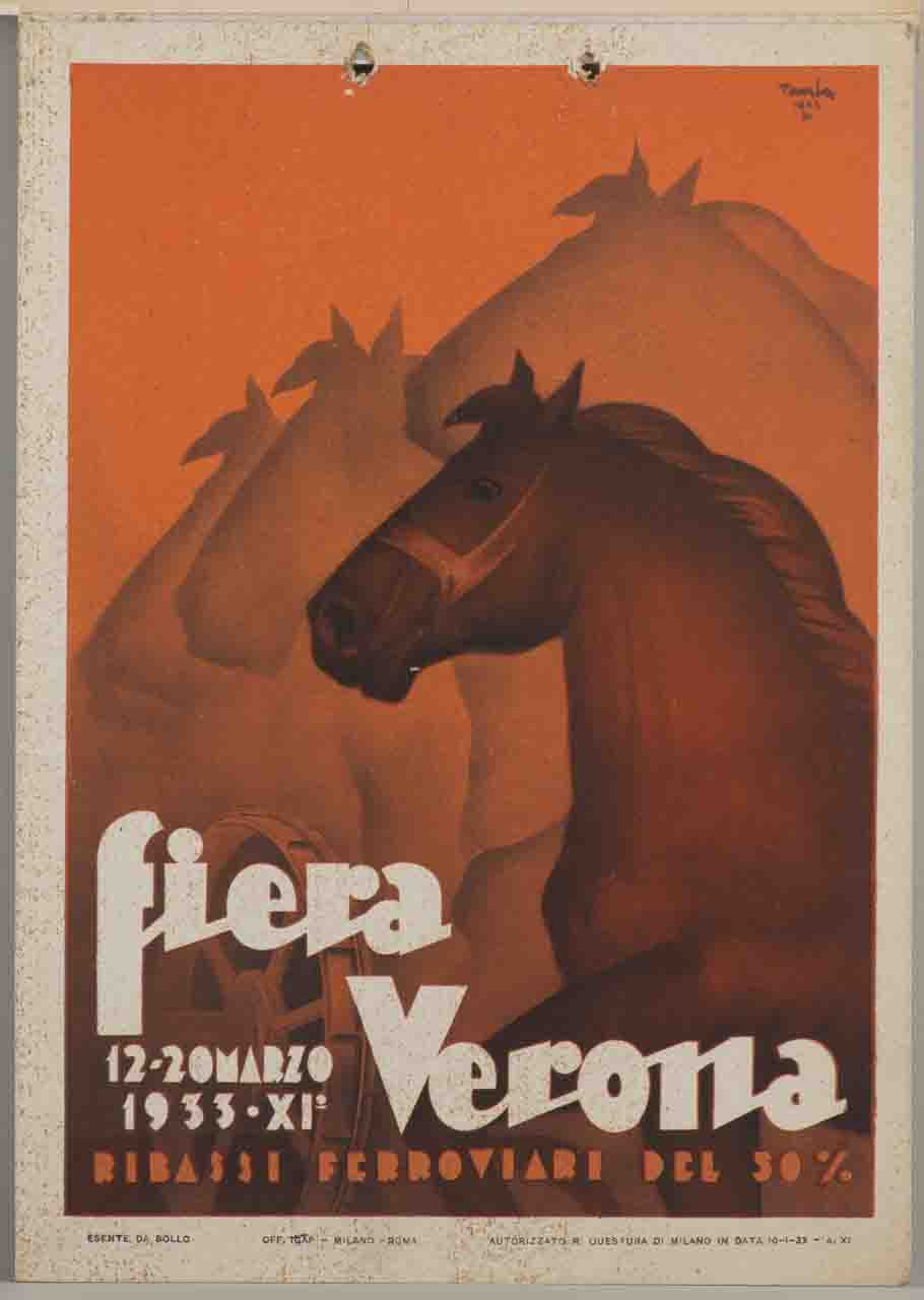 cavallo posto di profilo dietro il quale si susseguono sagome di cavalli (locandina) di Tomba Ernesto Amos (sec. XX)