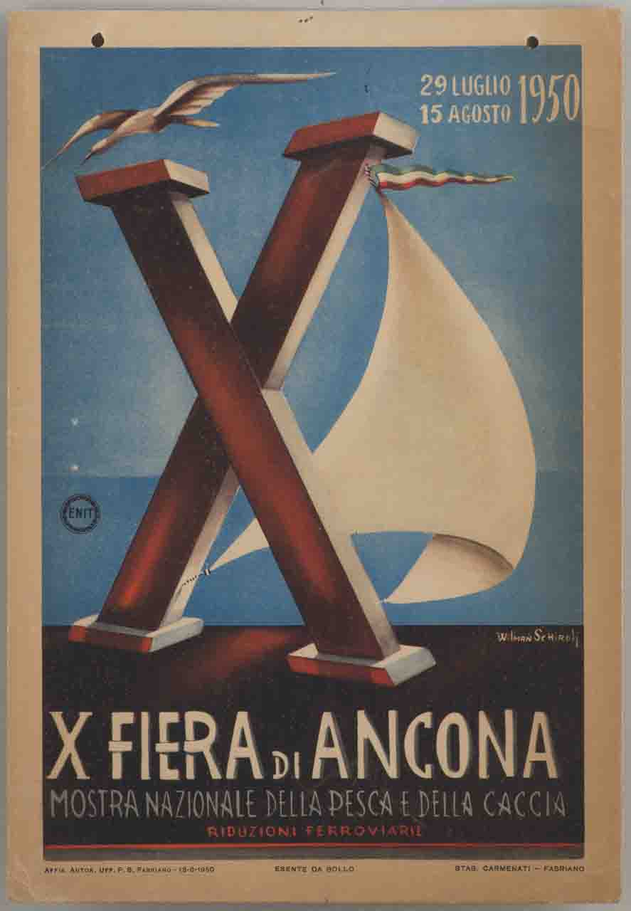 numero romano X munito di vela e bandiera italiana al di sopra del quale vola un gabbiano (locandina) di Schiroli Wilman (sec. XX)