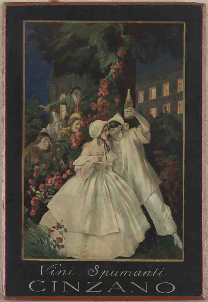 uomo in maschera di carnevale brinda con una donna mentre altre figure osservano la scena (manifesto) di Cappiello Leonetto (prima metà sec. XX)