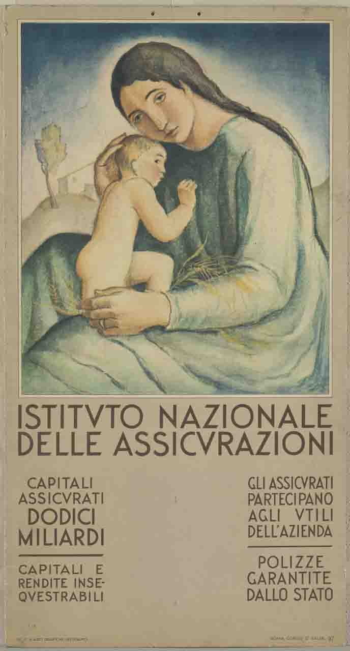 donna seduta con bambino in braccio sullo sfondo di un paesaggio rurale (calendario) di Rosso Giuseppe (prima metà sec. XX)