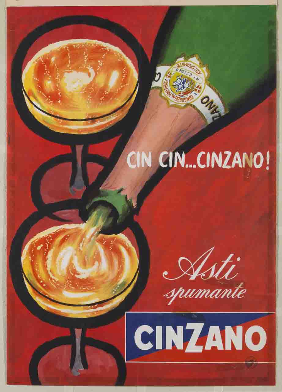 bottiglia di Cinzano con due bicchieri da spumante (manifesto) - ambito piemontese (sec. XX)