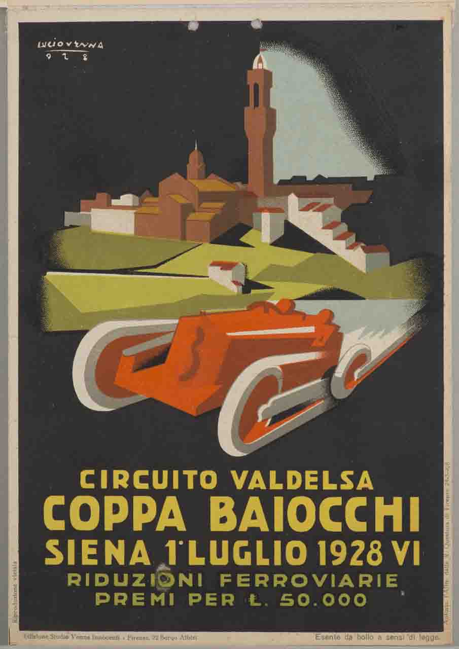 automobile in corsa sullo sfondo della città di Siena (locandina) di Venna Lucio (sec. XX)