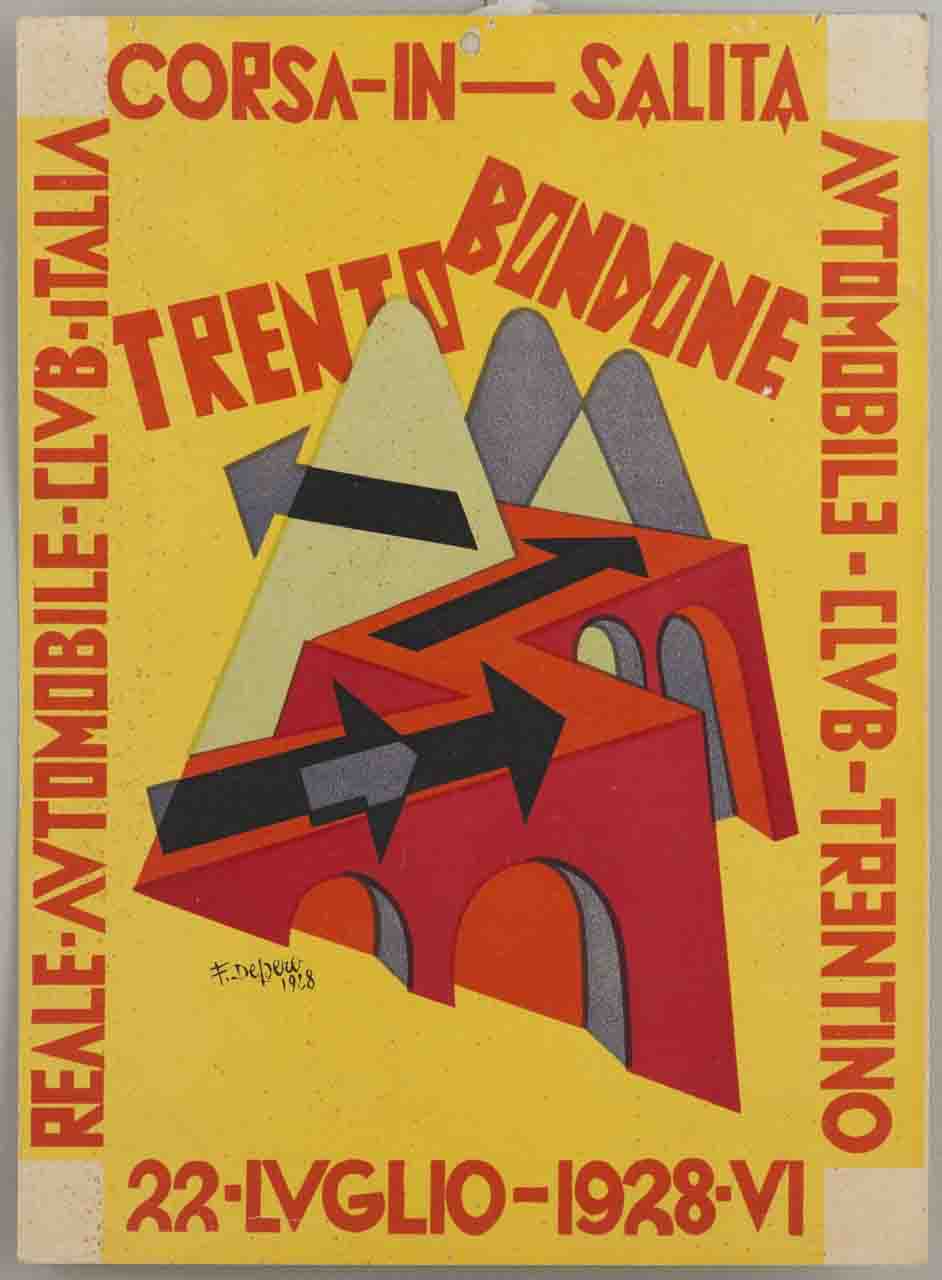 strada con arcate zigzagante tra montagne e percorsa da frecce (locandina) di Depero Fortunato (sec. XX)