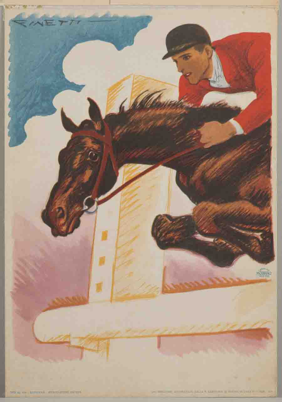 fantino a cavallo salta un ostacolo (locandina) di De Finetti Gino (sec. XX)