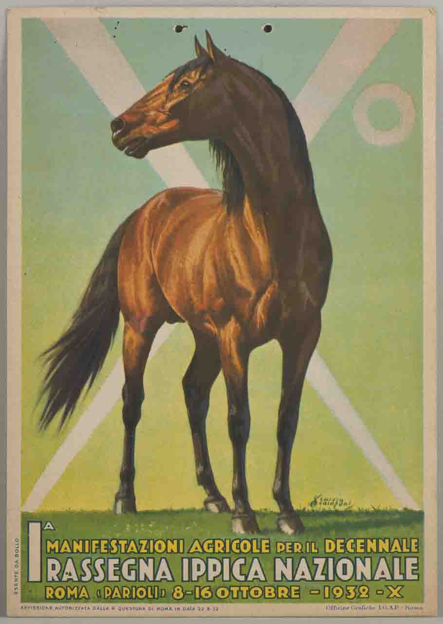 cavallo davanti alla grande scritta X per decimo anniversario dell’era fascista (locandina) di Scaccia Scarafoni Arduino (sec. XX)
