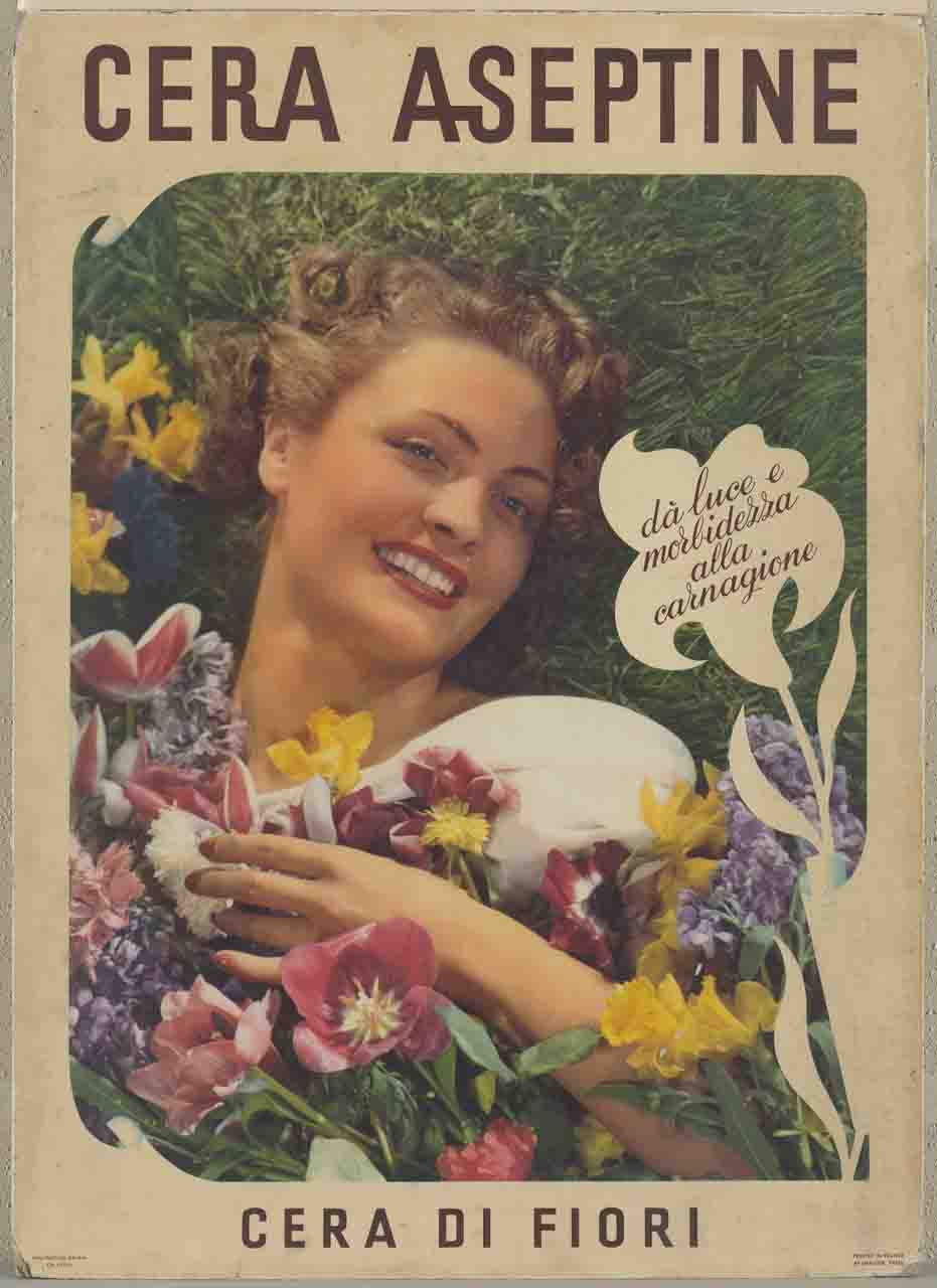 donna distesa su prato con fiori in grembo (manifesto) di Inter-publicité Genéve - ambito svizzero (terzo quarto sec. XX)