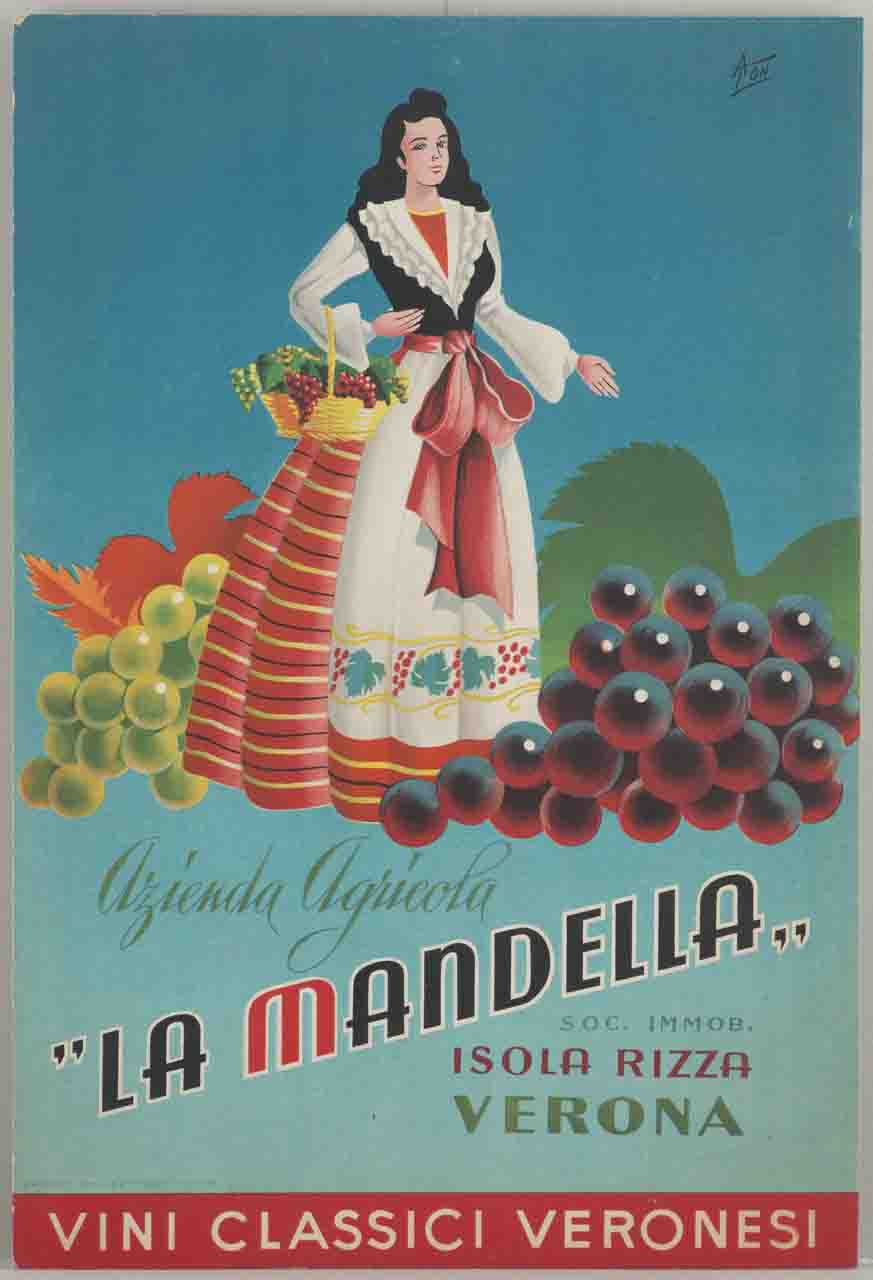 donna in costume tradizionale con cesto mostra due grandi grappoli d'uva bianca e nera (locandina) di Ton A (sec. XX)
