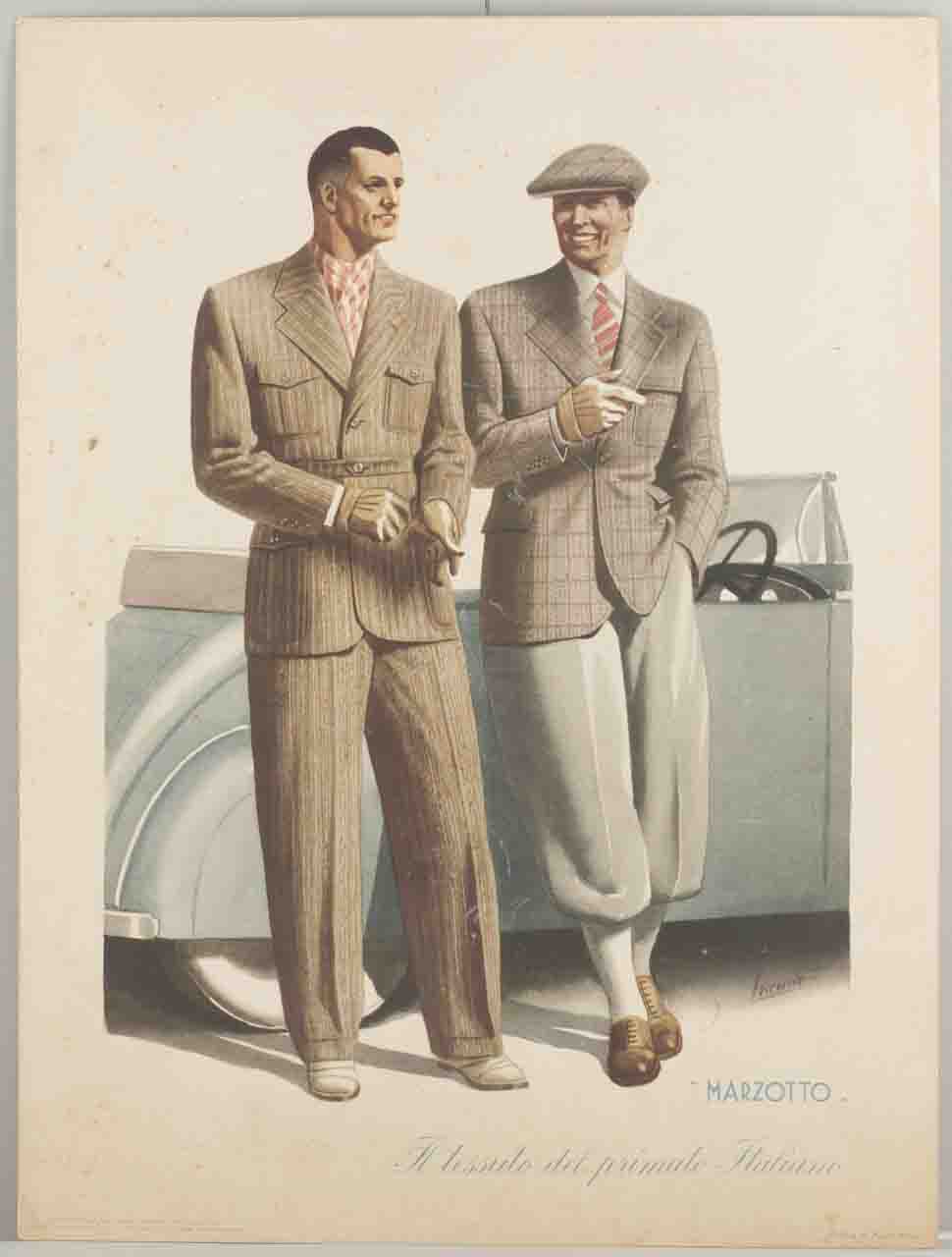 due uomini in abito alla moda presso un'automobile cabriolet (locandina) di Boccasile Gino (sec. XX)