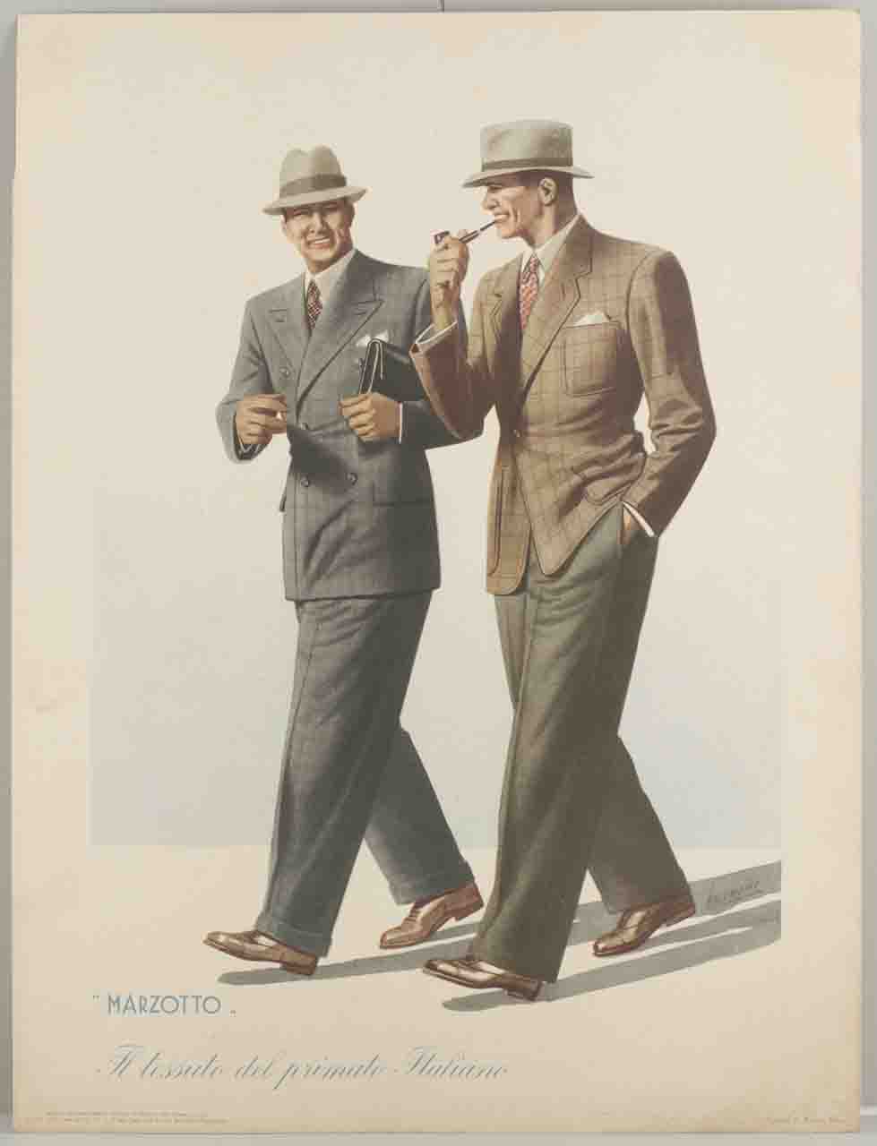 due uomini in abito elegante alla moda camminano conversando tra loro (locandina) di Boccasile Gino (sec. XX)
