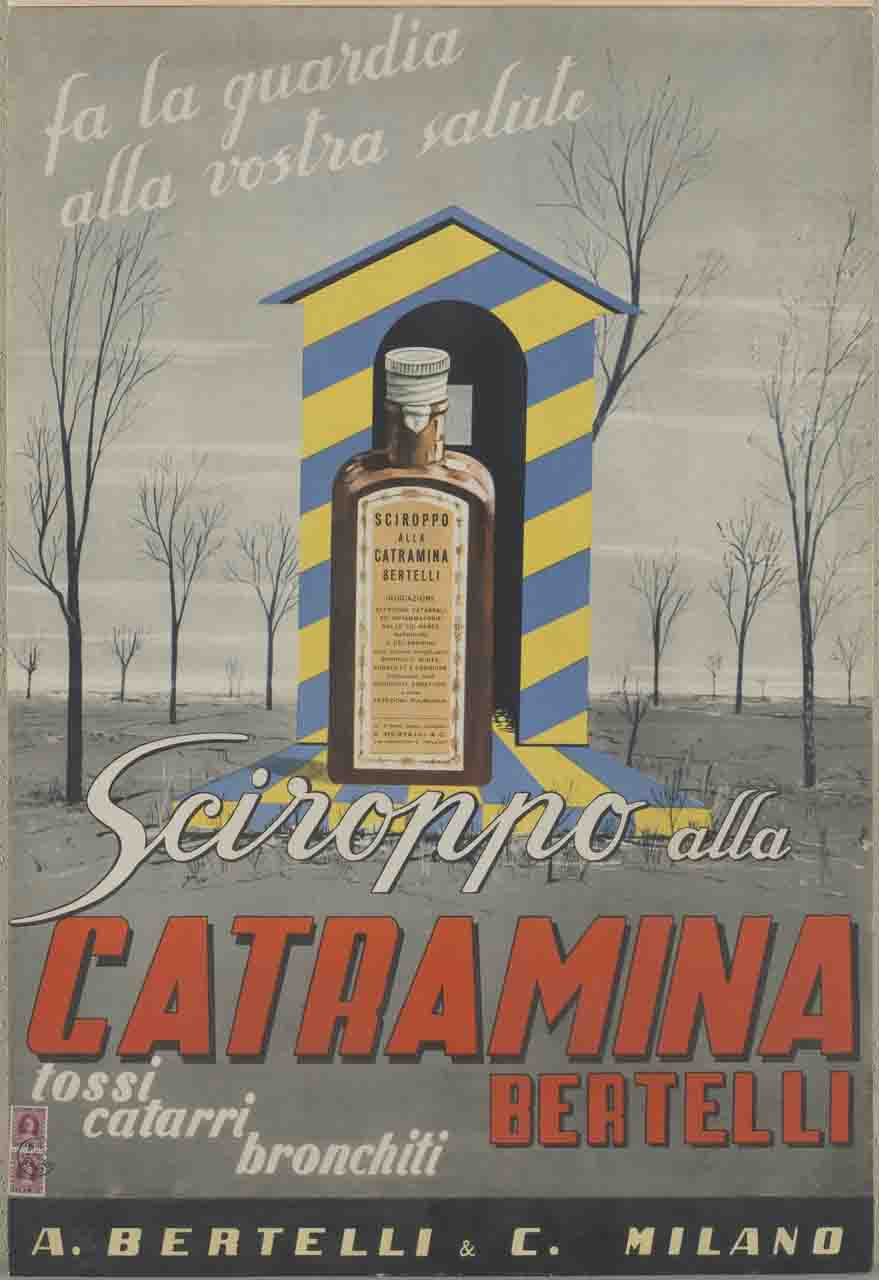 bottiglia di sciroppo presso una garitta in una pianura con alberi secchi (locandina) - ambito italiano (sec. XX)