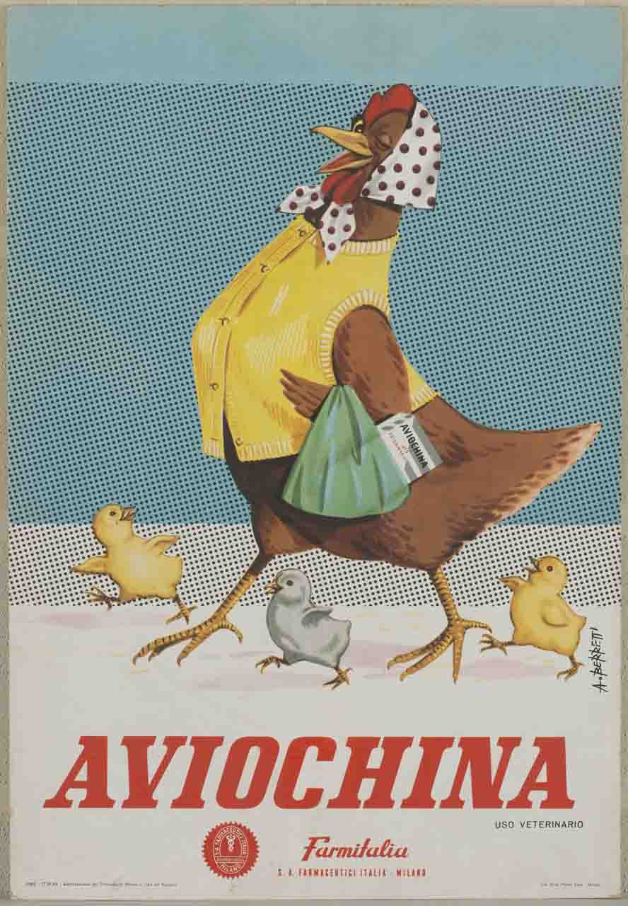 gallina con tre pulcini (locandina) di Berretti Alessandro (sec. XX)