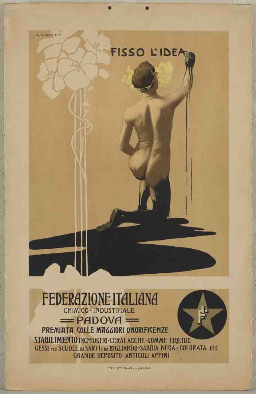 uomo inginocchiato in una pozza di inchiostro scrive su un muro attingendo con la mano dall'inchiostro stesso (locandina) di Dudovich Marcello (secc. XIX/XX)