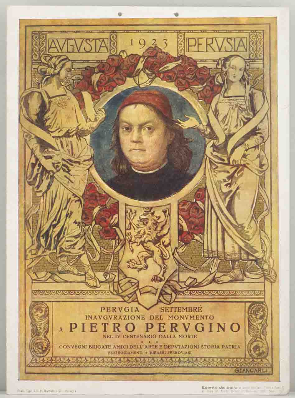 tondo con Autoritratto di Pietro Perugino entro cornice con figure allegoriche (locandina) di Giancarli Alfredo (sec. XX)