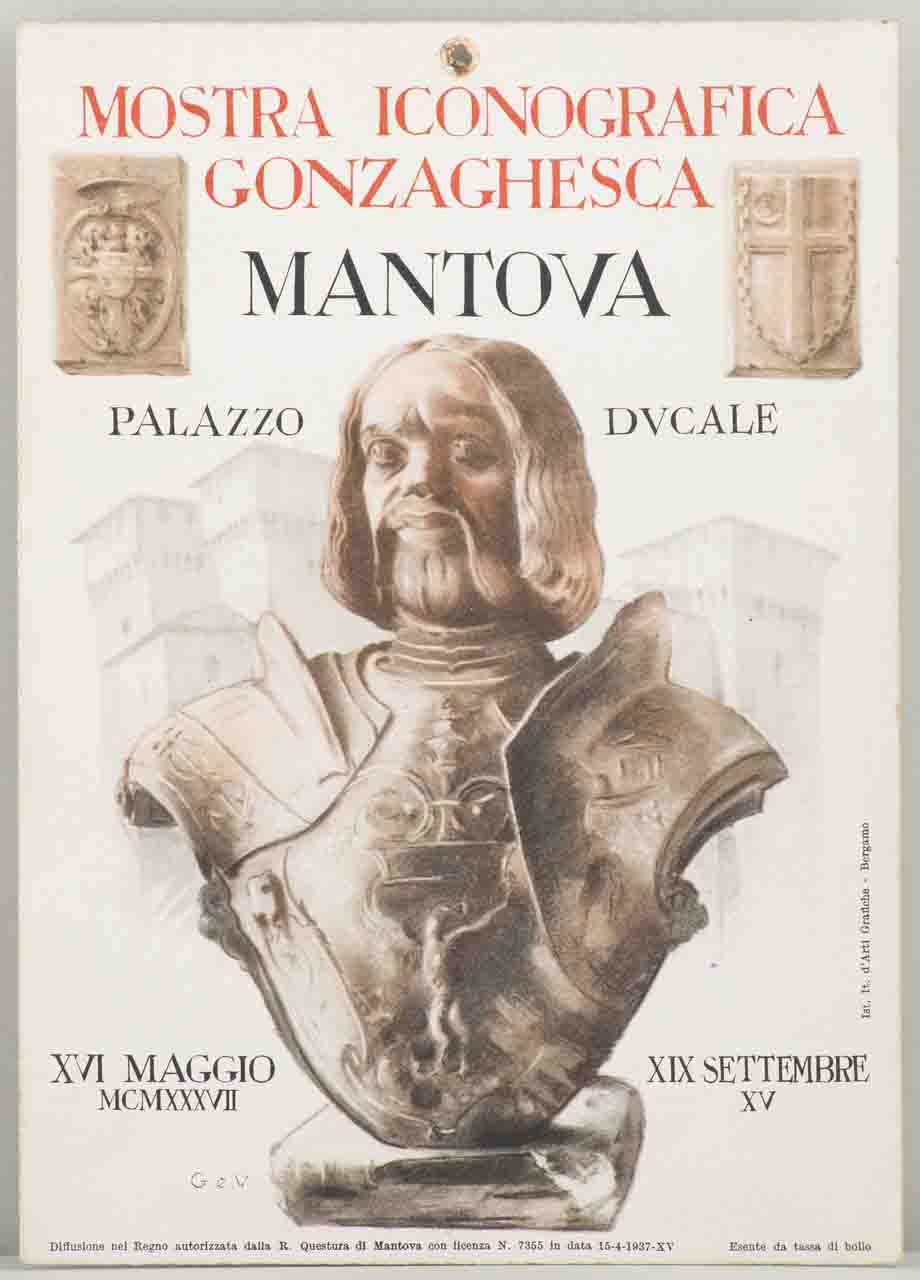 busto di Francesco II Gonzaga sullo sfondo del castello di San Giorgio di Mantova (locandina) - ambito italiano (sec. XX)